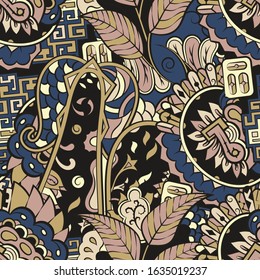 Tracery seamless pattern. Mehndi design. Ethnic colorful doodle texture. Curved doodling background. Vector