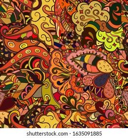 Tracery seamless pattern. Mehndi design. Ethnic colorful doodle texture. Curved doodling background. Vector