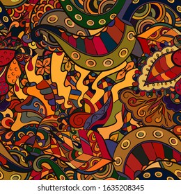 Tracery seamless pattern. Mehndi design. Ethnic colorful doodle texture. Curved doodling background. Vector