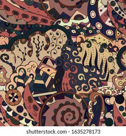 Tracery seamless pattern. Mehndi design. Ethnic colorful doodle texture. Curved doodling background. Vector