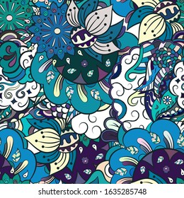 Tracery seamless pattern. Mehndi design. Ethnic colorful doodle texture. Curved doodling background. Vector
