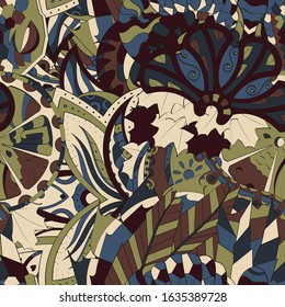 Tracery seamless pattern. Mehndi design. Ethnic colorful doodle texture. Curved doodling background. Vector