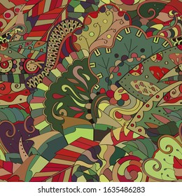 Tracery seamless pattern. Mehndi design. Ethnic colorful doodle texture. Curved doodling background. Vector