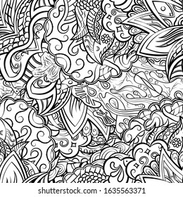 Tracery seamless pattern. Mehndi design. Ethnic monochrome binary doodle texture. Curved doodling black and white background. Vector