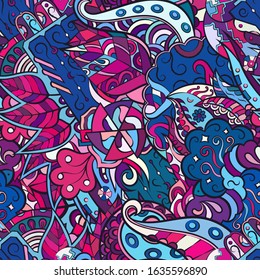 Tracery seamless pattern. Mehndi design. Ethnic colorful doodle texture. Curved doodling background. Vector