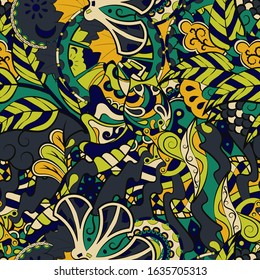 Tracery seamless pattern. Mehndi design. Ethnic colorful doodle texture. Curved doodling background. Vector