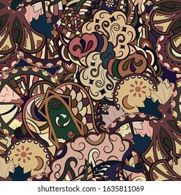 Tracery seamless pattern. Mehndi design. Ethnic colorful doodle texture. Curved doodling background. Vector