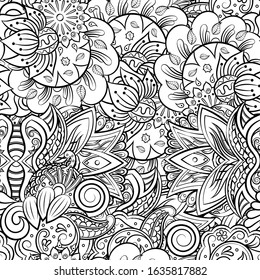 Tracery seamless pattern. Mehndi design. Ethnic monochrome binary doodle texture. Curved doodling black and white background. Vector