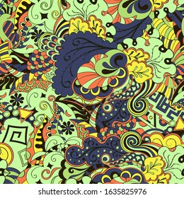 Tracery seamless pattern. Mehndi design. Ethnic colorful doodle texture. Curved doodling background. Vector