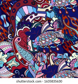 Tracery seamless pattern. Mehndi design. Ethnic colorful doodle texture. Curved doodling background. Vector