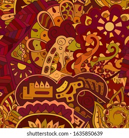Tracery seamless pattern. Mehndi design. Ethnic colorful doodle texture. Curved doodling background. Vector