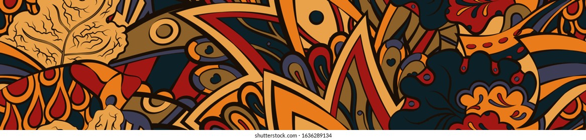 Tracery seamless pattern. Mehndi design. Ethnic colorful doodle texture. Curved doodling background. Vector