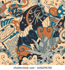 Tracery seamless pattern. Mehndi design. Ethnic colorful doodle texture. Curved doodling background. Vector