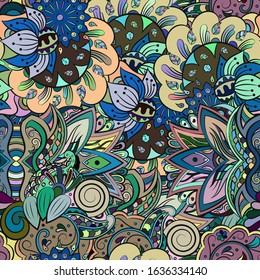 Tracery seamless pattern. Mehndi design. Ethnic colorful doodle texture. Curved doodling background. Vector