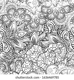 Tracery seamless pattern. Mehndi design. Ethnic monochrome binary doodle texture. Curved doodling black and white background. Vector