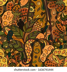 Tracery seamless pattern. Mehndi design. Ethnic colorful doodle texture. Curved doodling background. Vector
