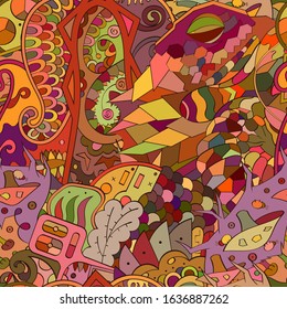 Tracery seamless pattern. Mehndi design. Ethnic colorful doodle texture. Curved doodling background. Vector