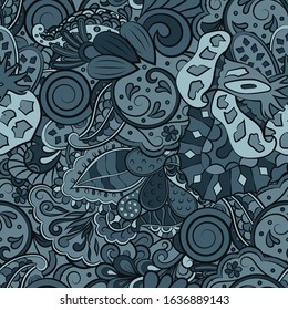 Tracery seamless pattern. Mehndi design. Ethnic colorful doodle texture. Curved doodling background. Vector