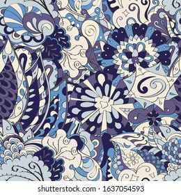 Tracery seamless pattern. Mehndi design. Ethnic colorful doodle texture. Curved doodling background. Vector