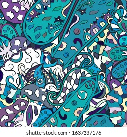 Tracery seamless pattern. Mehndi design. Ethnic colorful doodle texture. Curved doodling background. Vector