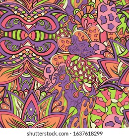 Tracery seamless pattern. Mehndi design. Ethnic colorful doodle texture. Curved doodling background. Vector