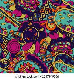 Tracery seamless pattern. Mehndi design. Ethnic colorful doodle texture. Curved doodling background. Vector