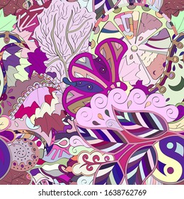 Tracery seamless pattern. Mehndi design. Ethnic colorful doodle texture. Curved doodling background. Vector