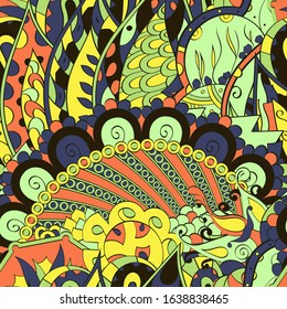 Tracery seamless pattern. Mehndi design. Ethnic colorful doodle texture. Curved doodling background. Vector