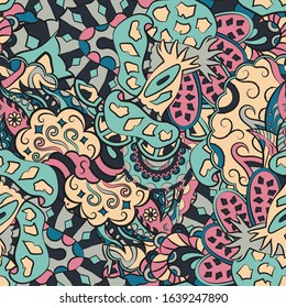 Tracery seamless pattern. Mehndi design. Ethnic colorful doodle texture. Curved doodling background. Vector