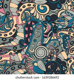 Tracery seamless pattern. Mehndi design. Ethnic colorful doodle texture. Curved doodling background. Vector