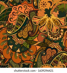 Tracery seamless pattern. Mehndi design. Ethnic colorful doodle texture. Curved doodling background. Vector