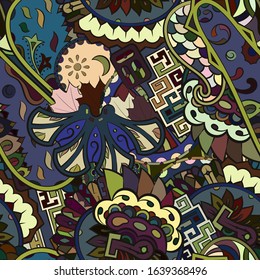 Tracery seamless pattern. Mehndi design. Ethnic colorful doodle texture. Curved doodling background. Vector