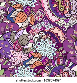 Tracery seamless pattern. Mehndi design. Ethnic colorful doodle texture. Curved doodling background. Vector