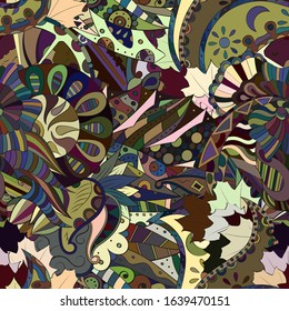 Tracery seamless pattern. Mehndi design. Ethnic colorful doodle texture. Curved doodling background. Vector