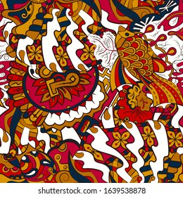 Tracery seamless pattern. Mehndi design. Ethnic colorful doodle texture. Curved doodling background. Vector