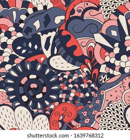 Tracery seamless pattern. Mehndi design. Ethnic colorful doodle texture. Curved doodling background. Vector