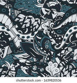 Tracery seamless pattern. Mehndi design. Ethnic colorful doodle texture. Curved doodling background. Vector