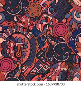 Tracery seamless pattern. Mehndi design. Ethnic colorful doodle texture. Curved doodling background. Vector
