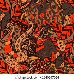 Tracery seamless pattern. Mehndi design. Ethnic colorful doodle texture. Curved doodling background. Vector