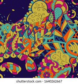 Tracery seamless pattern. Mehndi design. Ethnic colorful doodle texture. Curved doodling background. Vector