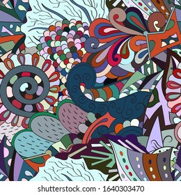 Tracery seamless pattern. Mehndi design. Ethnic colorful doodle texture. Curved doodling background. Vector