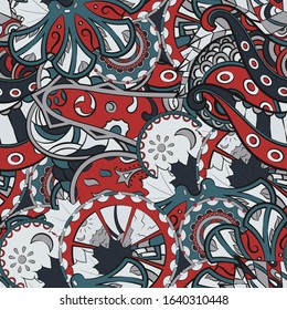 Tracery seamless pattern. Mehndi design. Ethnic colorful doodle texture. Curved doodling background. Vector