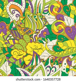 Tracery seamless pattern. Mehndi design. Ethnic colorful doodle texture. Curved doodling background. Vector