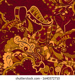 Tracery seamless pattern. Mehndi design. Ethnic colorful doodle texture. Curved doodling background. Vector