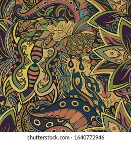 Tracery seamless pattern. Mehndi design. Ethnic colorful doodle texture. Curved doodling background. Vector