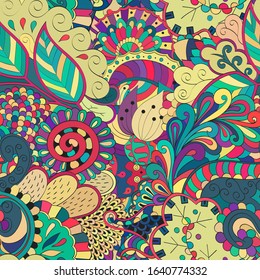 Tracery seamless pattern. Mehndi design. Ethnic colorful doodle texture. Curved doodling background. Vector