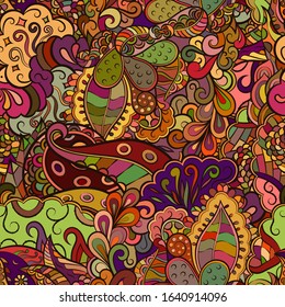 Tracery seamless pattern. Mehndi design. Ethnic colorful doodle texture. Curved doodling background. Vector
