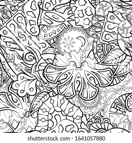 Tracery seamless pattern. Mehndi design. Ethnic monochrome binary doodle texture. Curved doodling black and white background. Vector