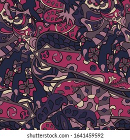 Tracery seamless pattern. Mehndi design. Ethnic colorful doodle texture. Curved doodling background. Vector