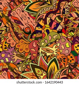 Tracery seamless pattern. Mehndi design. Ethnic colorful doodle texture. Curved doodling background. Vector